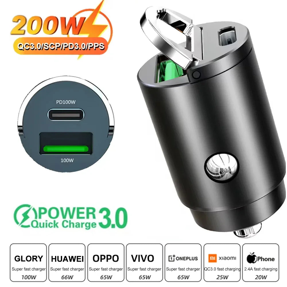 200W USB Car Charger Adapter – Fast Charging Type-C Car Phone Charger for iPhone, Samsung, Xiaomi & Huawei