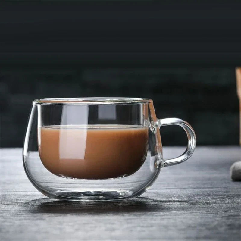 150-350ml Heat Resistant Double Wall Borosilicate Glass Coffee Mug with Handle – Insulated Clear Glass Cup for Milk, Water & Hot Drinks, Perfect Gift