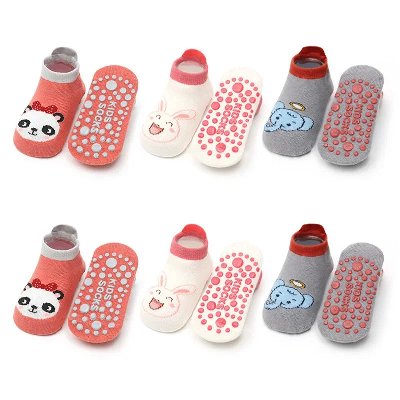6 Pairs Kids Cotton Socks – Cute Cartoon Animal Pattern Non-Slip Floor Socks for Babies & Toddlers