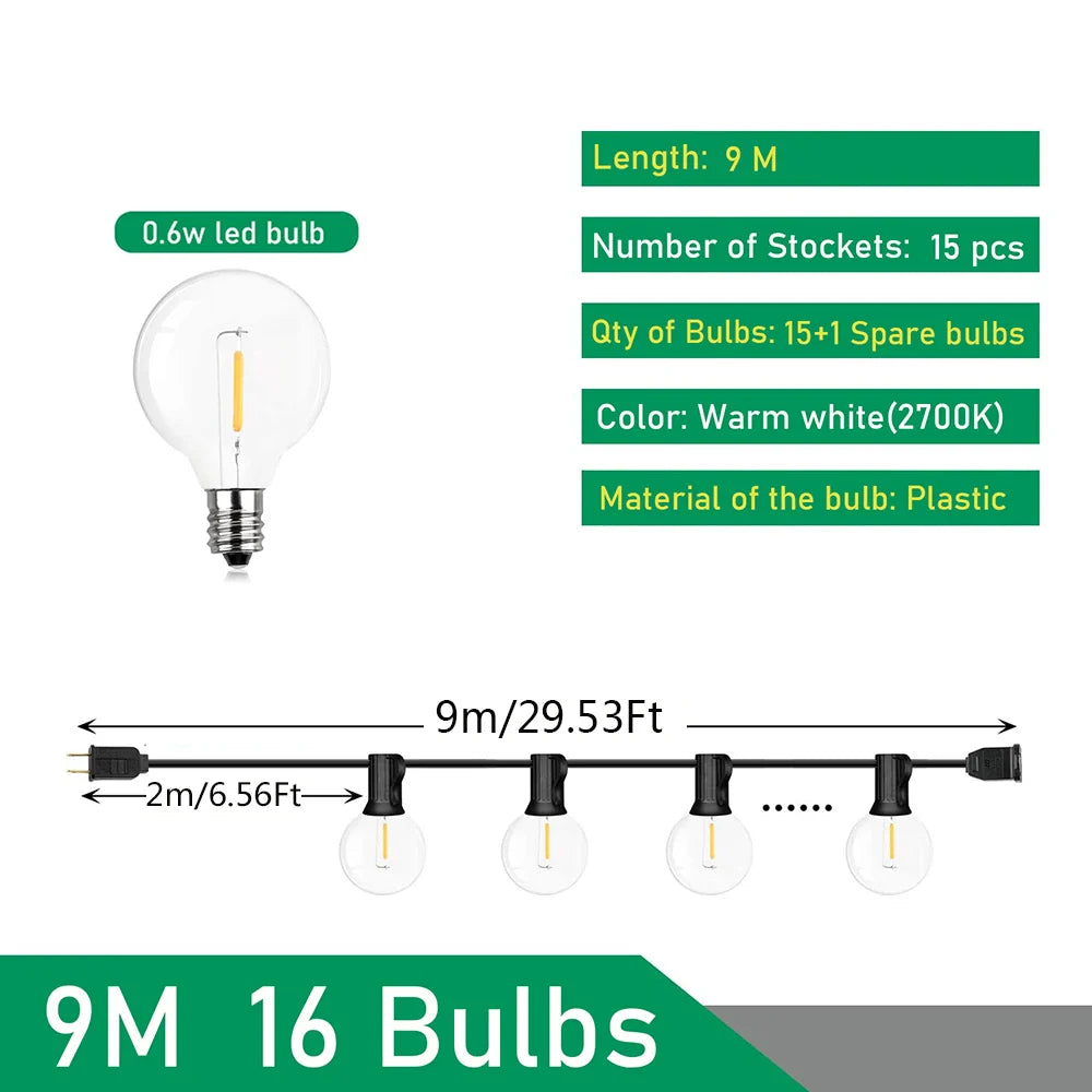 110V/220V Outdoor String Lights LED G40 Festoon Garland – Waterproof Warm White Fairy Lights for Patio, Garden & Wedding Decoration