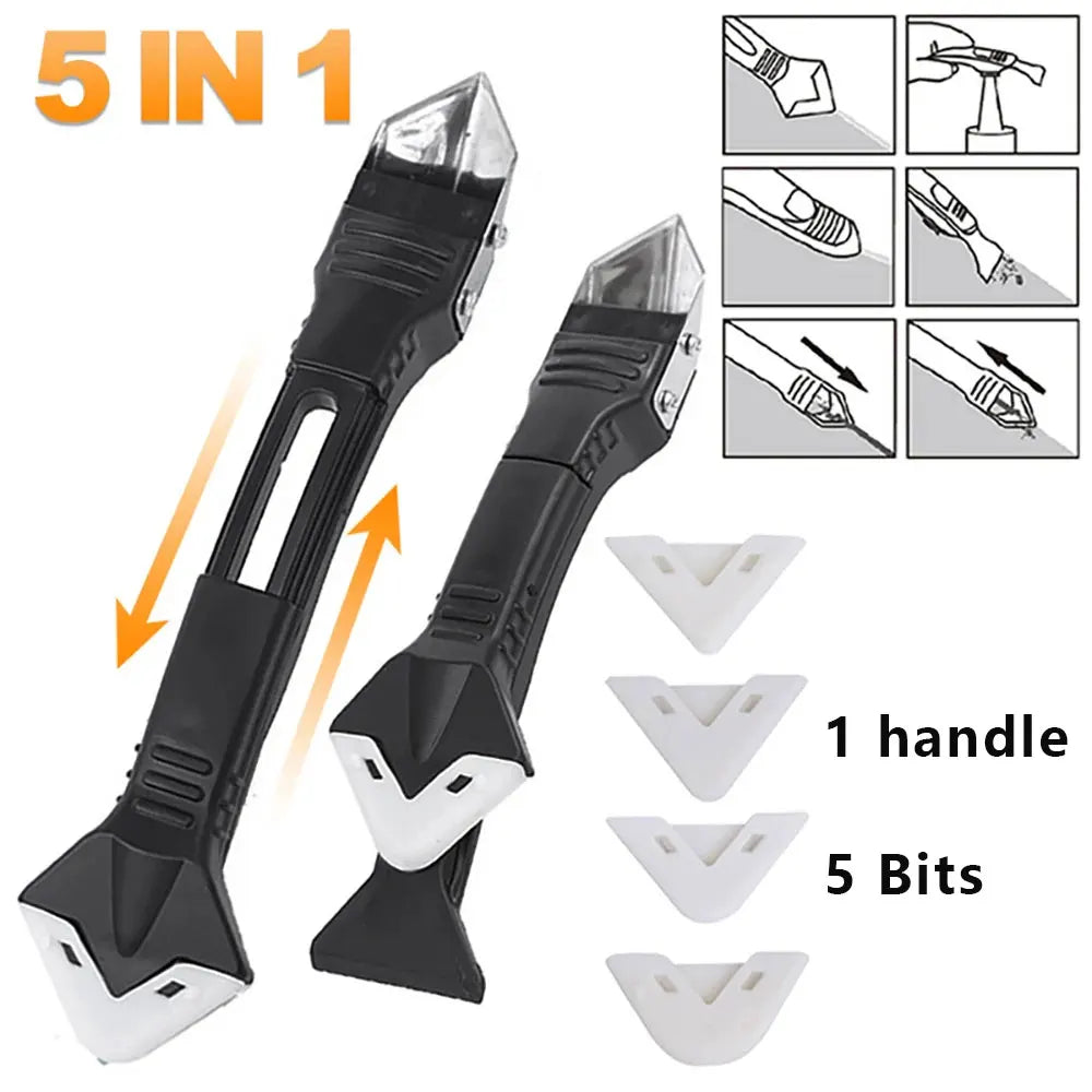 5 in 1 Metal Head Shovel Glue Tool Kit – Silicone Spatula, Caulk Remover, Grout Removal, Sealant Finishing & Corner Scraper