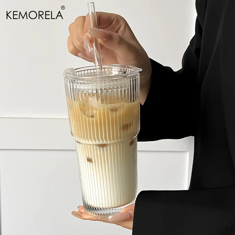 600ML Stripe Glass Coffee Cup with Lid – Transparent Juice & Iced Coffee Mug, Cold Drink Glassware without Straw