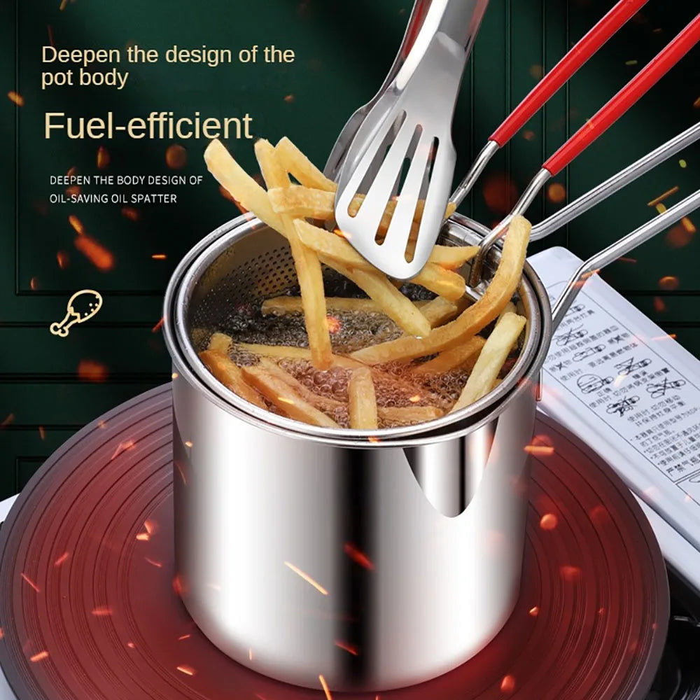 4PCS Stainless Steel Tempura Fryer Pot Set – Japanese Deep Fry Pan with Mesh Strainer, Lid & Food Clip