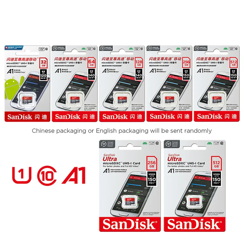 100% Original SanDisk Micro tf Card 256GB 128GB 64GB 32GB A1 Class 10 Memory Card UHS-1 TF Flash Card for Samrtphone/PC