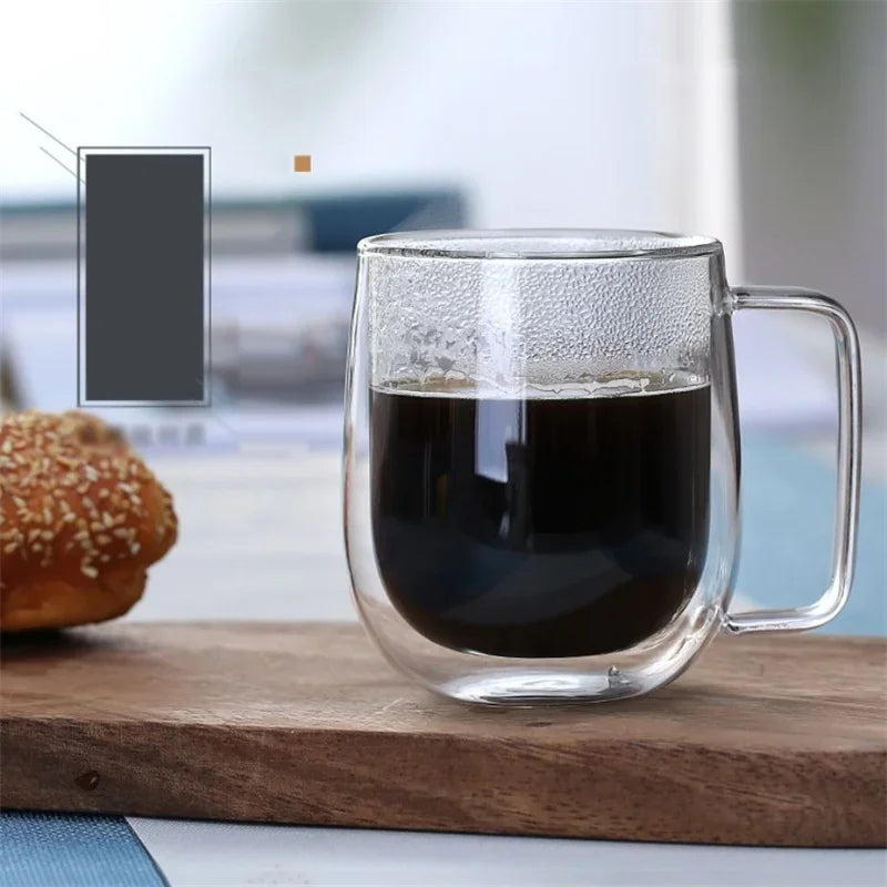 150-350ml Heat Resistant Double Wall Borosilicate Glass Coffee Mug with Handle – Insulated Clear Glass Cup for Milk, Water & Hot Drinks, Perfect Gift