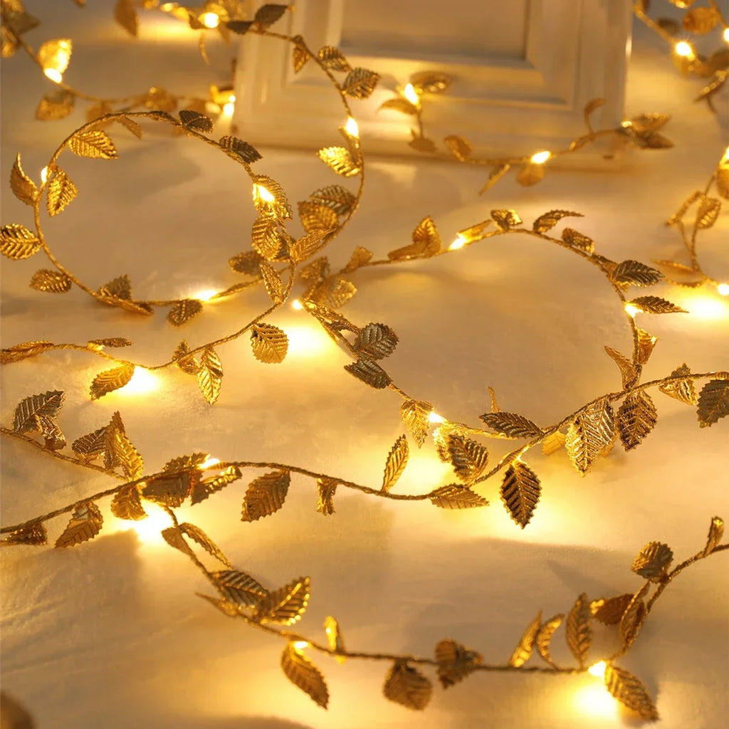 20/50/100LEDs Golden Silver Tiny Leaves Fairy Light Battery Powerd Artificial Plant Garland Vine Lights for Wedding Home Party