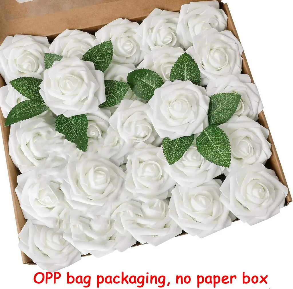 25Pcs Milk White Artificial Rose Flowers – Silk Fake Flower Stems for DIY Wedding Bouquets & Home Decor