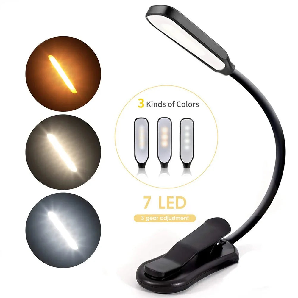 7 LED USB Rechargeable Book Light – Clip-On Reading Lamp with 3 Color Modes & 9 Brightness Levels for Bedside, Study & Travel