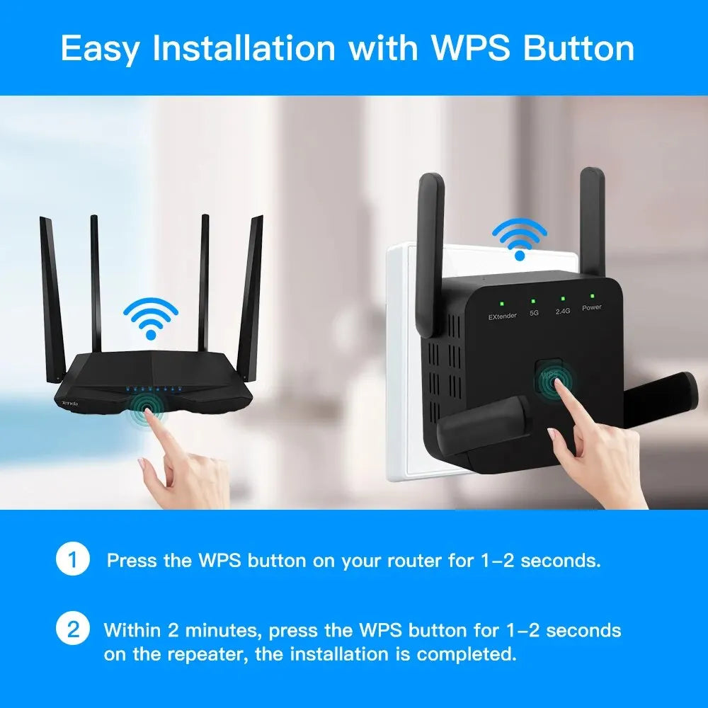 1200Mbps WiFi Repeater – Dual Band 2.4GHz/5GHz Wireless Signal Booster with EU/US Plug for Home & Office
