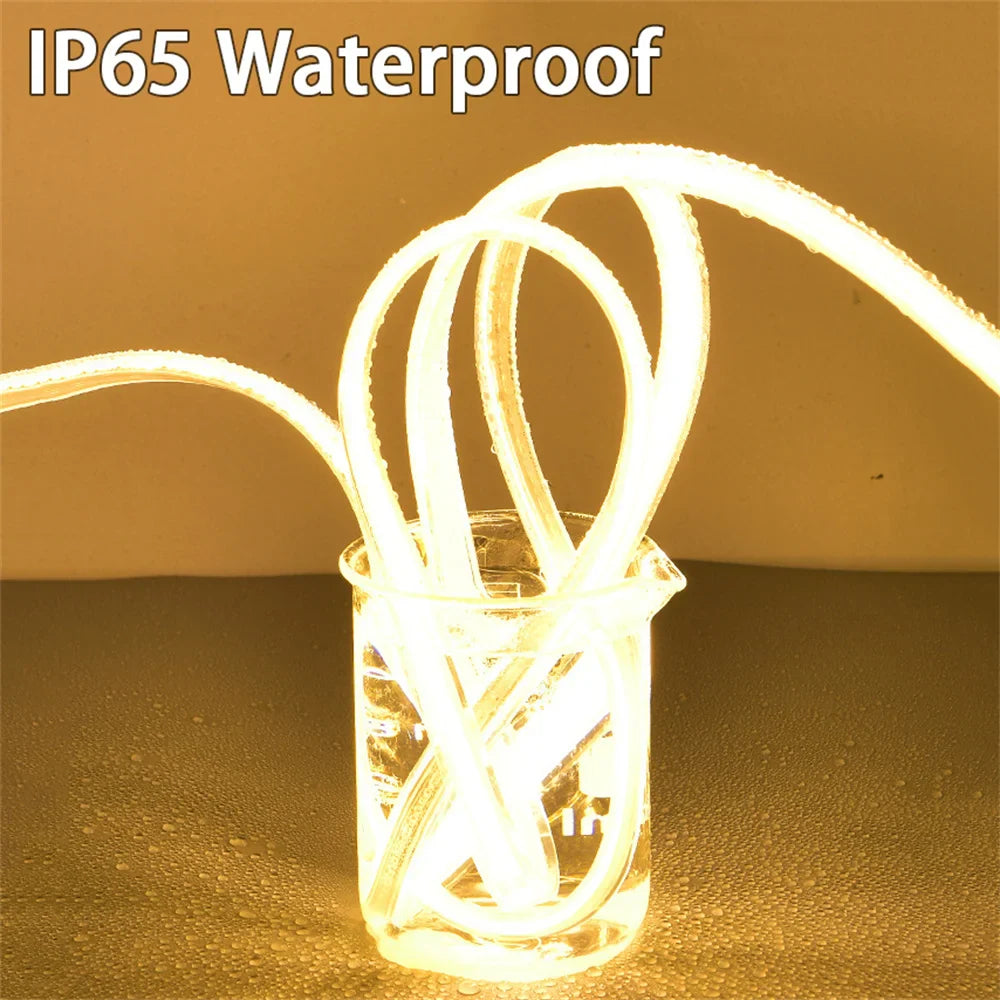 220V High Brightness COB LED Strip Lights IP65 Waterproof Flexible Ribbon for Indoor & Outdoor Garden Lighting