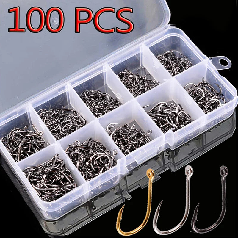 100Pcs High Carbon Steel Fishing Hooks Set – Assorted Barbed Carp Hooks for Fly & Jig Fishing