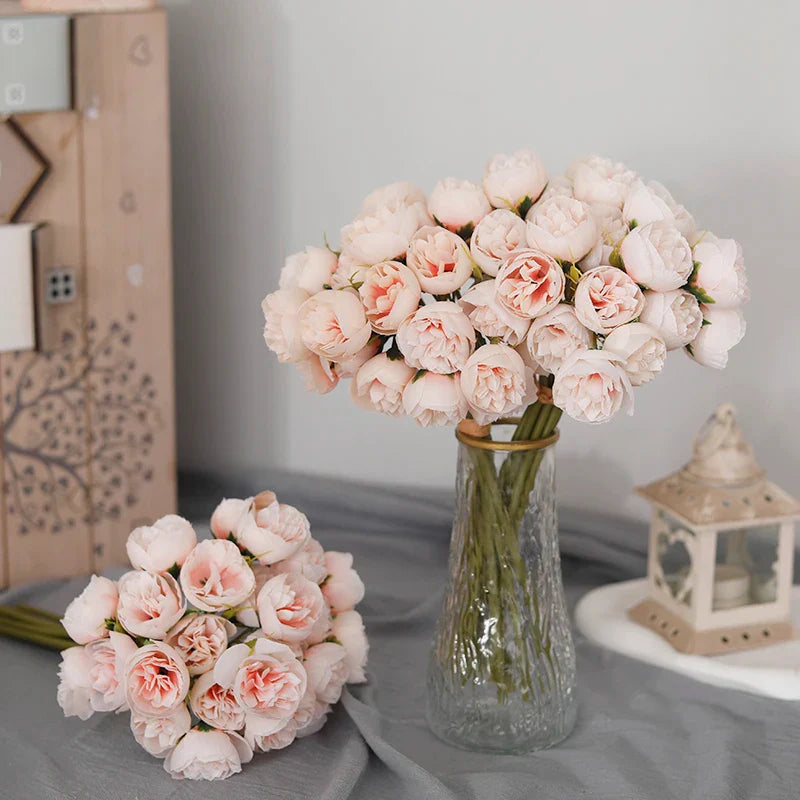 27 Heads Artificial Silk Pink Peony Rose Bouquet for Home Wedding Decoration