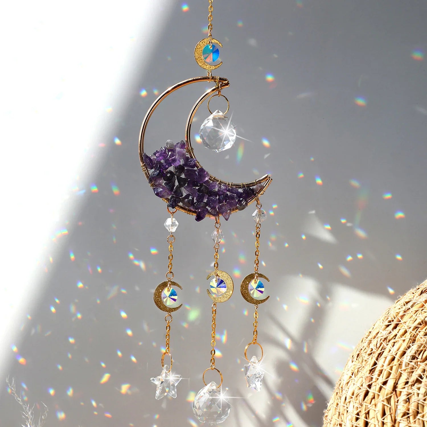 1 Piece Rainbow Made Crystal Suncatcher, Raw Stone Moon Home Decor for Garden Bedroom Balcony Pendant