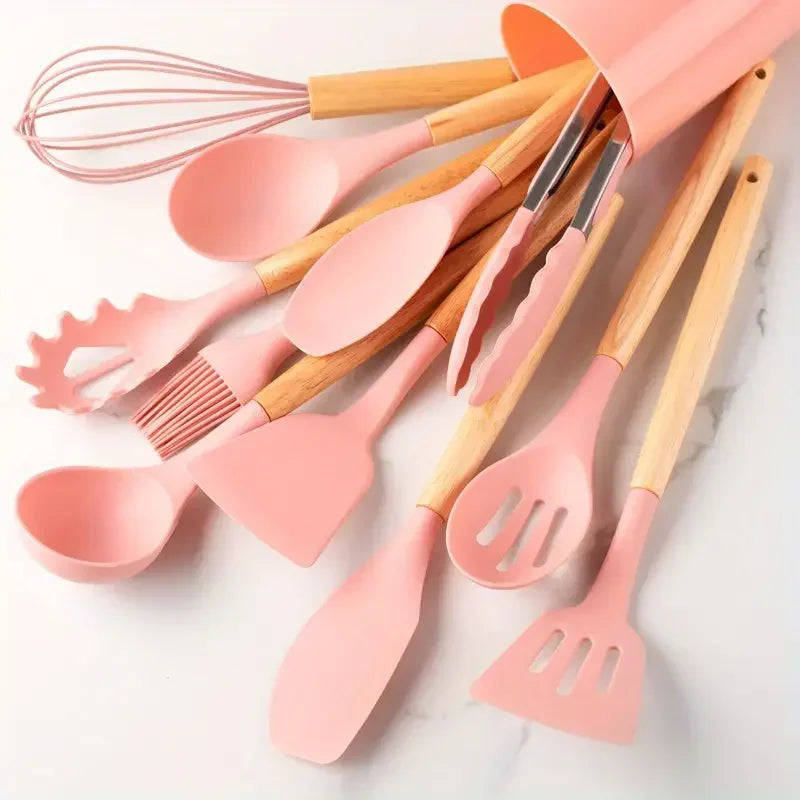 12PCS Silicone Kitchen Utensils Set – Heat-Resistant Non-Stick Spatulas & Spoons with Wooden Handles
