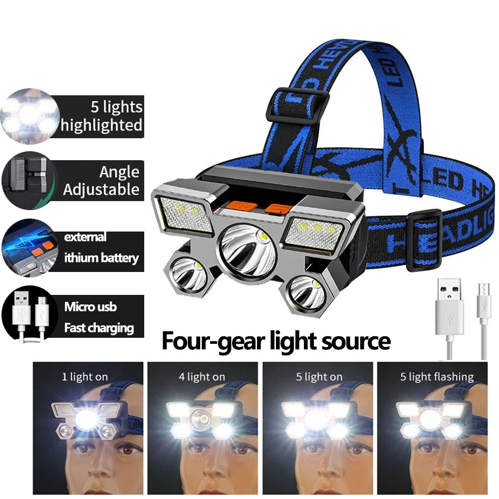 5LED USB Headset Flashlight – High-Brightness Rechargeable Headlamp for Outdoor, Fishing & Household Use