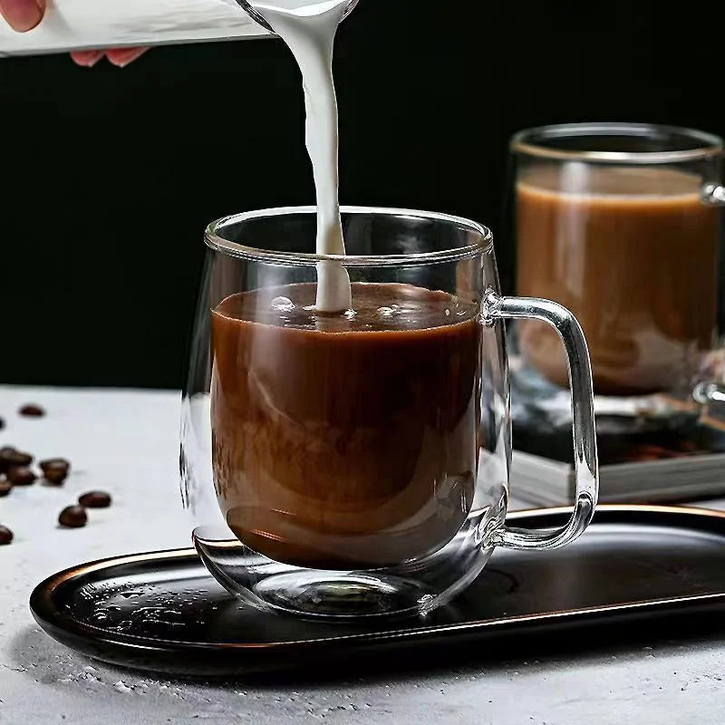 150-350ml Heat Resistant Double Wall Borosilicate Glass Coffee Mug with Handle – Insulated Clear Glass Cup for Milk, Water & Hot Drinks, Perfect Gift