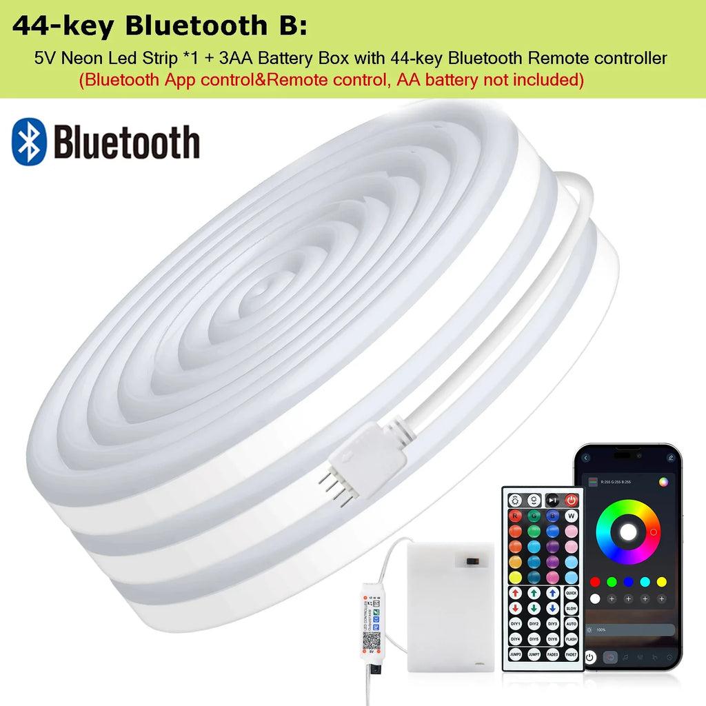 3AA Battery Box RGB Neon LED Strip Light – 5V 108 LEDs/M Waterproof Flexible Neon Strip with Bluetooth & Remote Control