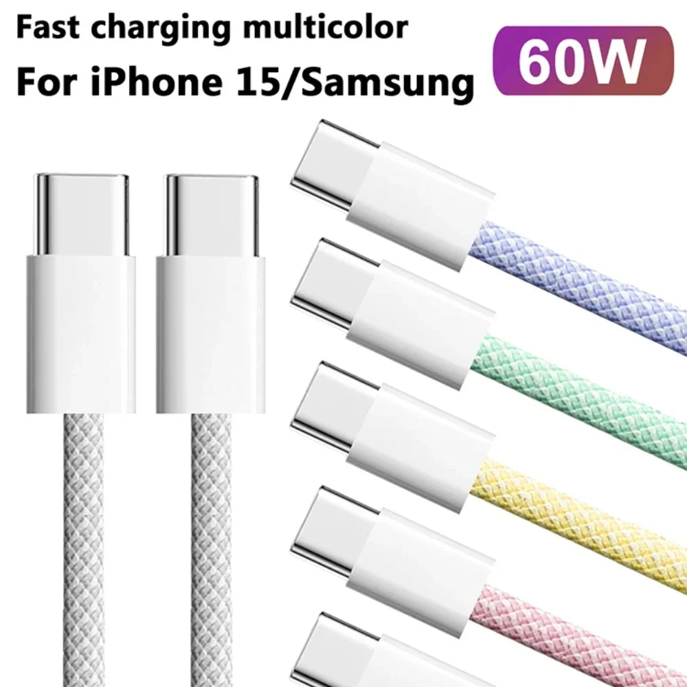 60W PD USB-C To Type C Cable for IPhone 15 16 Pro Fast Charging Wire for Huawei Xiaomi Samsung Colorful Weaving Data Cable Line