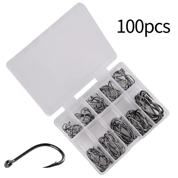 100Pcs High Carbon Steel Fishing Hooks Set – Assorted Barbed Carp Hooks for Fly & Jig Fishing