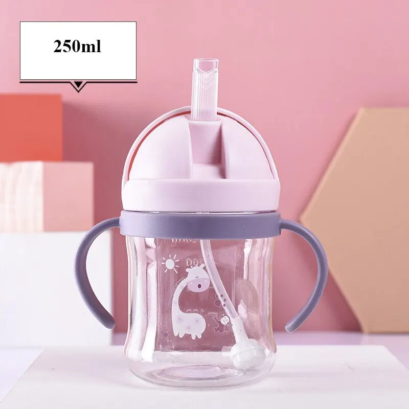 1/2pcs 250ml Pink Baby Drinking Cup Feeding Bottle With Straw Gravity Ball Wide Caliber Drinking Milk Water Bottle With Handle