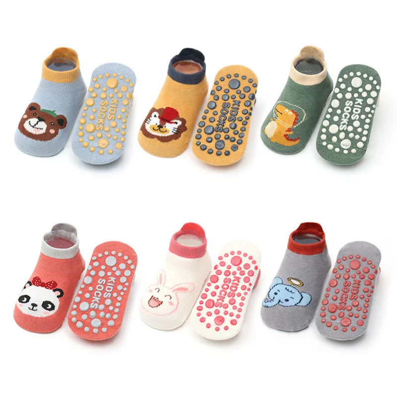6 Pairs Kids Cotton Socks – Cute Cartoon Animal Pattern Non-Slip Floor Socks for Babies & Toddlers
