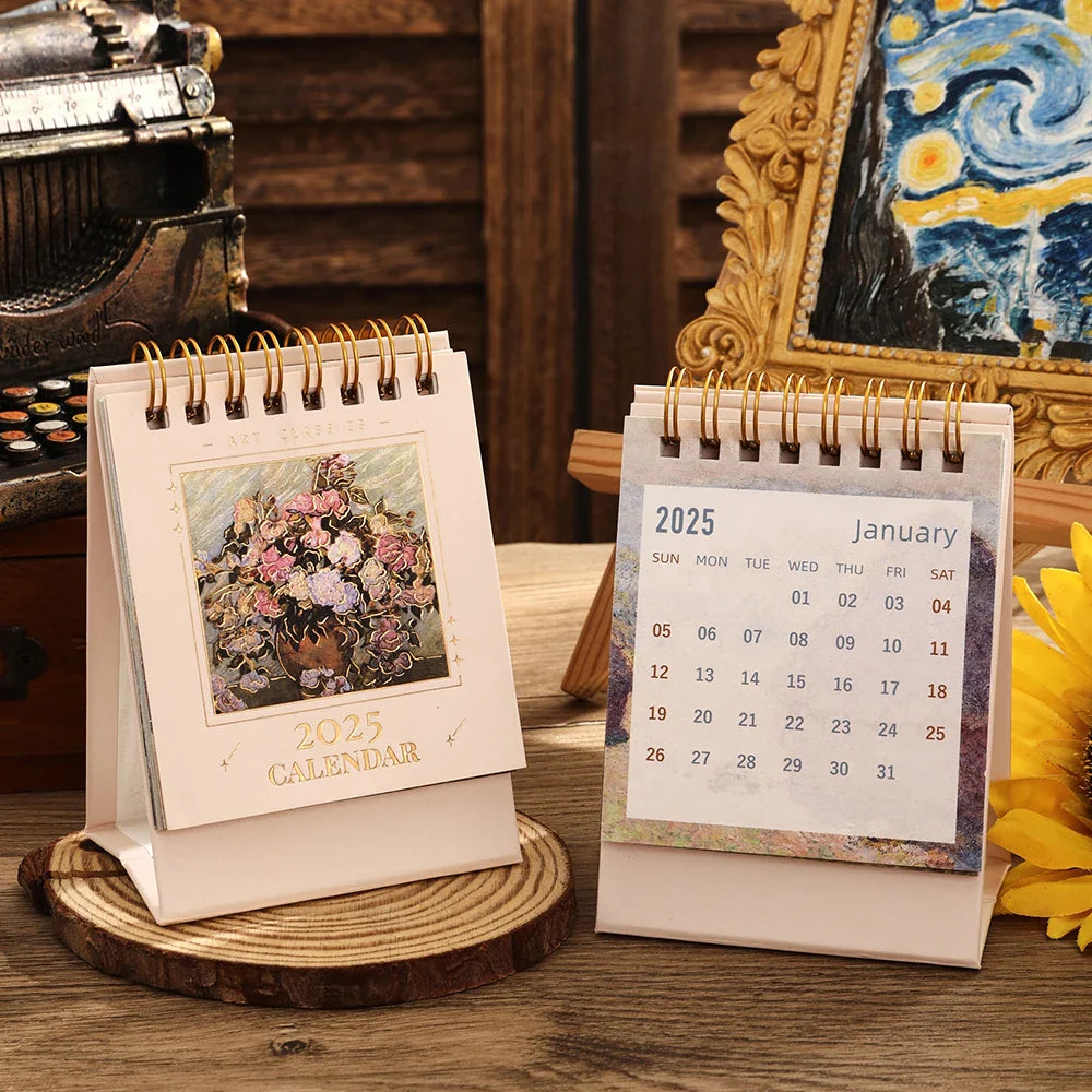 2025 Vintage Mini Bronzing Painting Desk Calendar – Monthly Flip Tabletop Planner