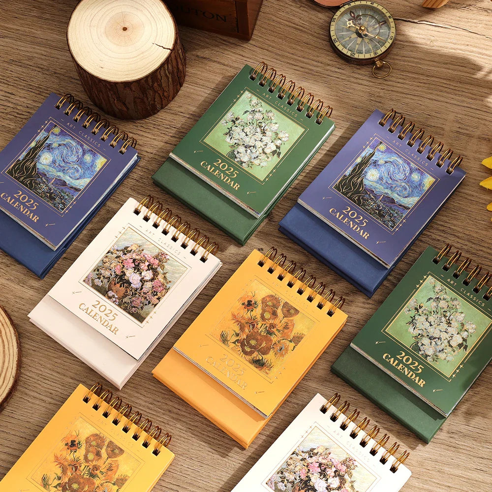 2025 Vintage Mini Bronzing Painting Desk Calendar – Monthly Flip Tabletop Planner