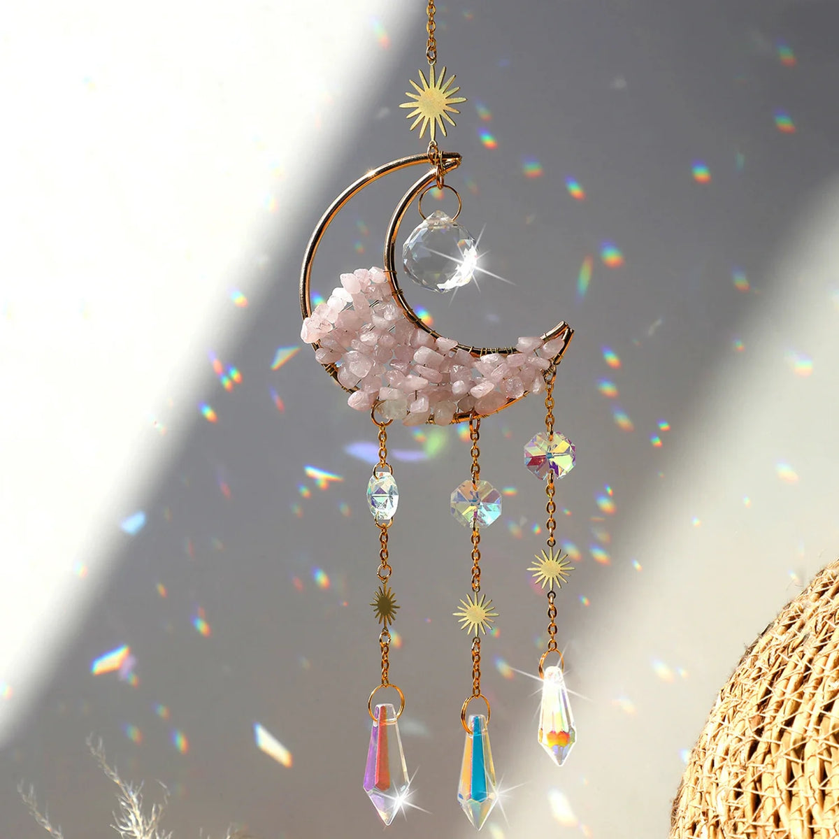 1 Piece Rainbow Made Crystal Suncatcher, Raw Stone Moon Home Decor for Garden Bedroom Balcony Pendant