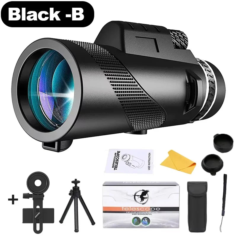 80x100 Monocular Telescope with Tripod & Phone Clip – High Magnification Outdoor Camping & Hiking Telescope