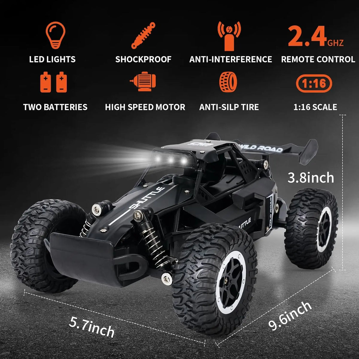 1:16 High-Speed 2WD Off-Road RC Car – 2.4G Remote Control Climbing Vehicle with LED Lights for Kids
