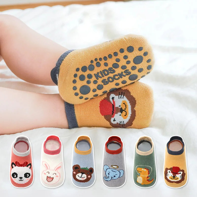 6 Pairs Kids Cotton Socks – Cute Cartoon Animal Pattern Non-Slip Floor Socks for Babies & Toddlers