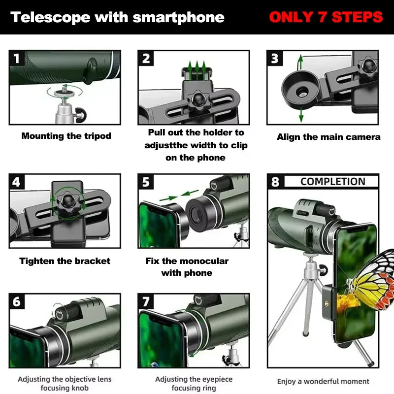 80x100 Monocular Telescope with Tripod & Phone Clip – High Magnification Outdoor Camping & Hiking Telescope