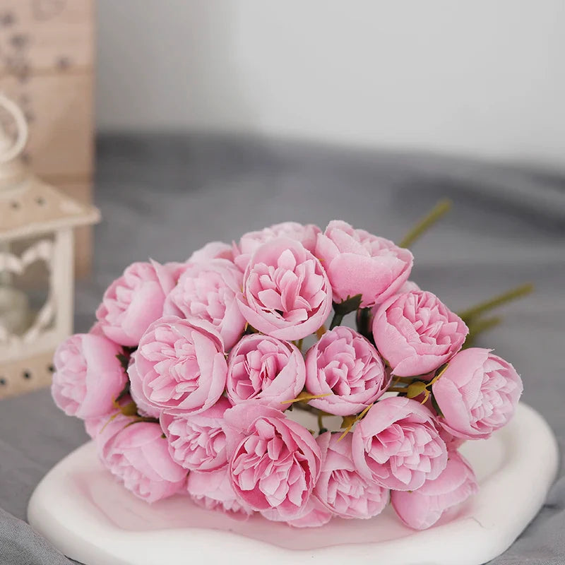 27 Heads Artificial Silk Pink Peony Rose Bouquet for Home Wedding Decoration